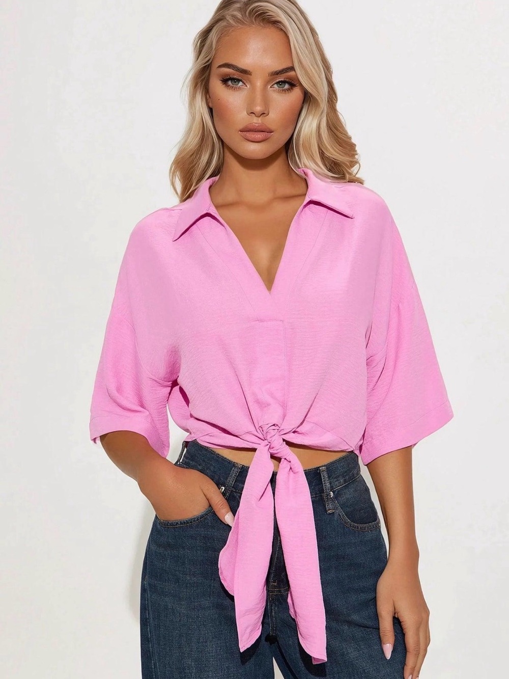 HYFVE Pink Tie-Front Collared Crop Top